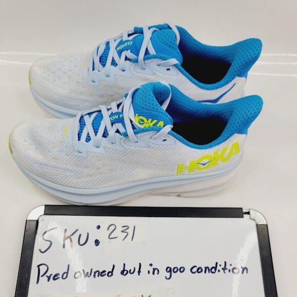 Hoka One One Men\'s Ice Blue White Clifton 9 Athletic Running Shoes Size 8D‎